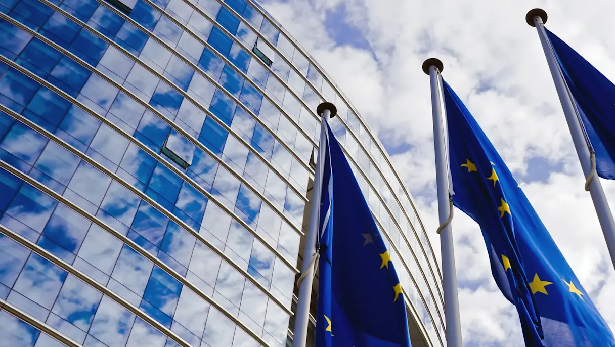 European Union flags flying in front of the modern glass architecture of the European Parliament building.