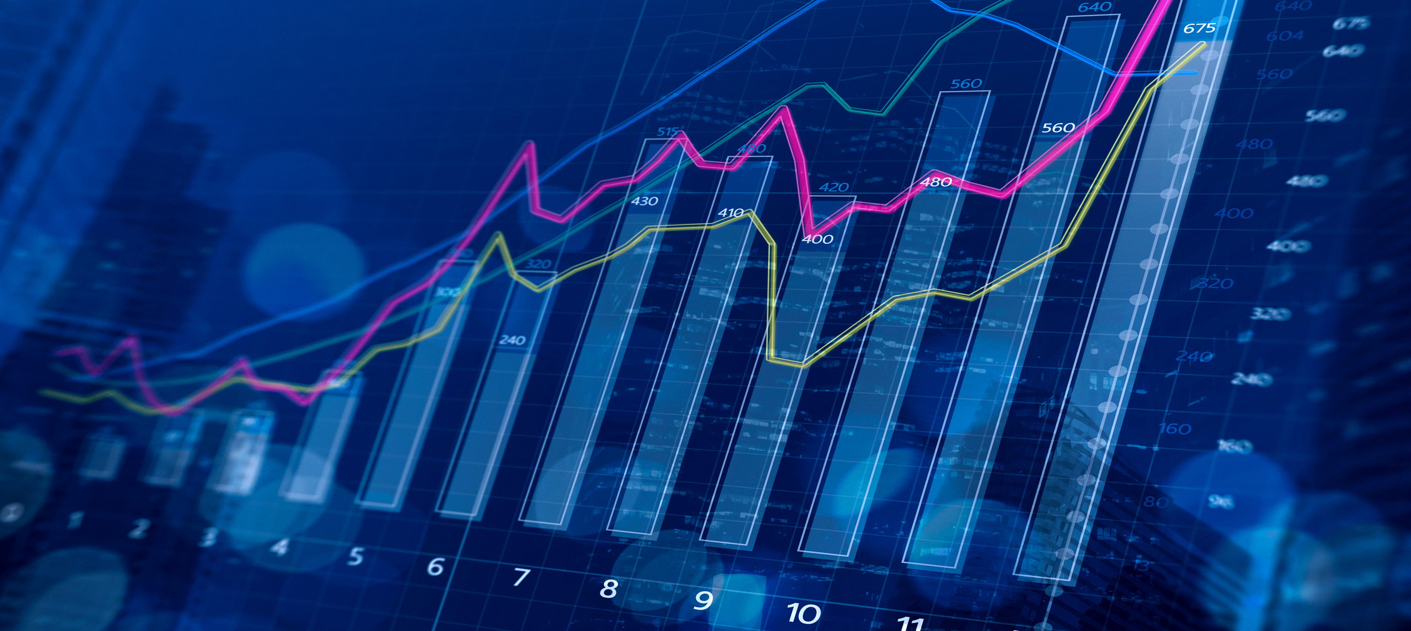Financial growth chart with rising bar and line graphs over a city skyline, representing business performance and market growth.