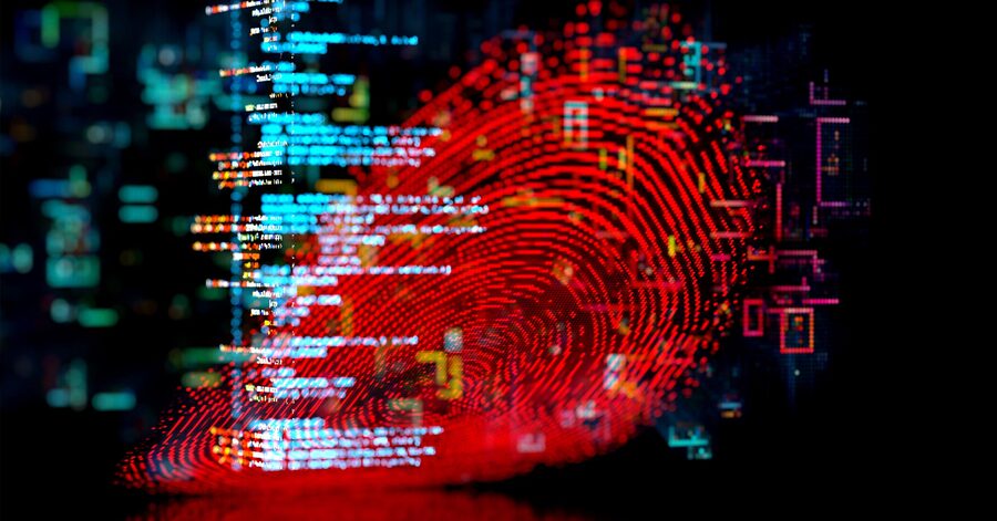 Abstract digital fingerprint with code overlay, symbolising cyber attacks, data breaches and security threats.