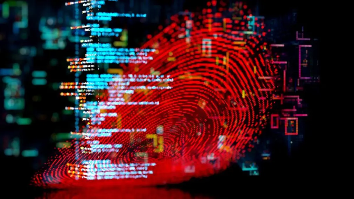 Abstract digital fingerprint with code overlay, symbolising cyber attacks, data breaches and security threats.