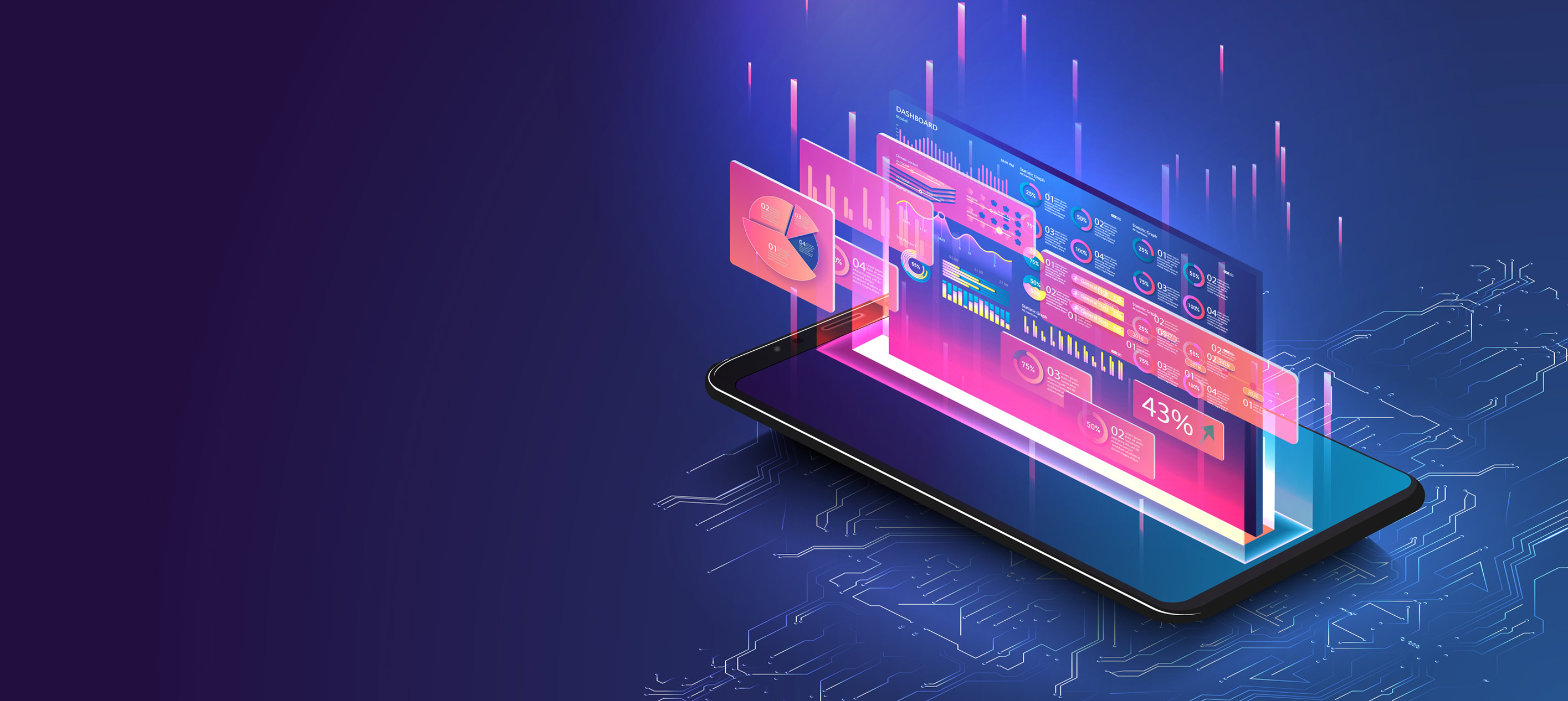 A smartphone on a circuit-patterned blue surface has floating pink panels of charts, graphs and percentages above it.