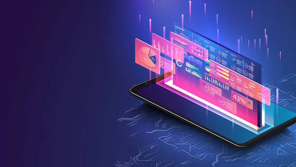 A smartphone on a circuit-patterned blue surface has floating pink panels of charts, graphs and percentages above it.