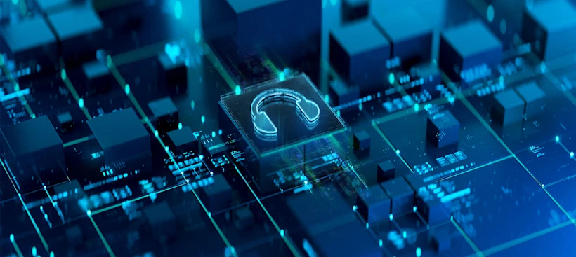 Glowing digital headset icon embedded in a circuit board grid with connected nodes representing AI customer service systems.