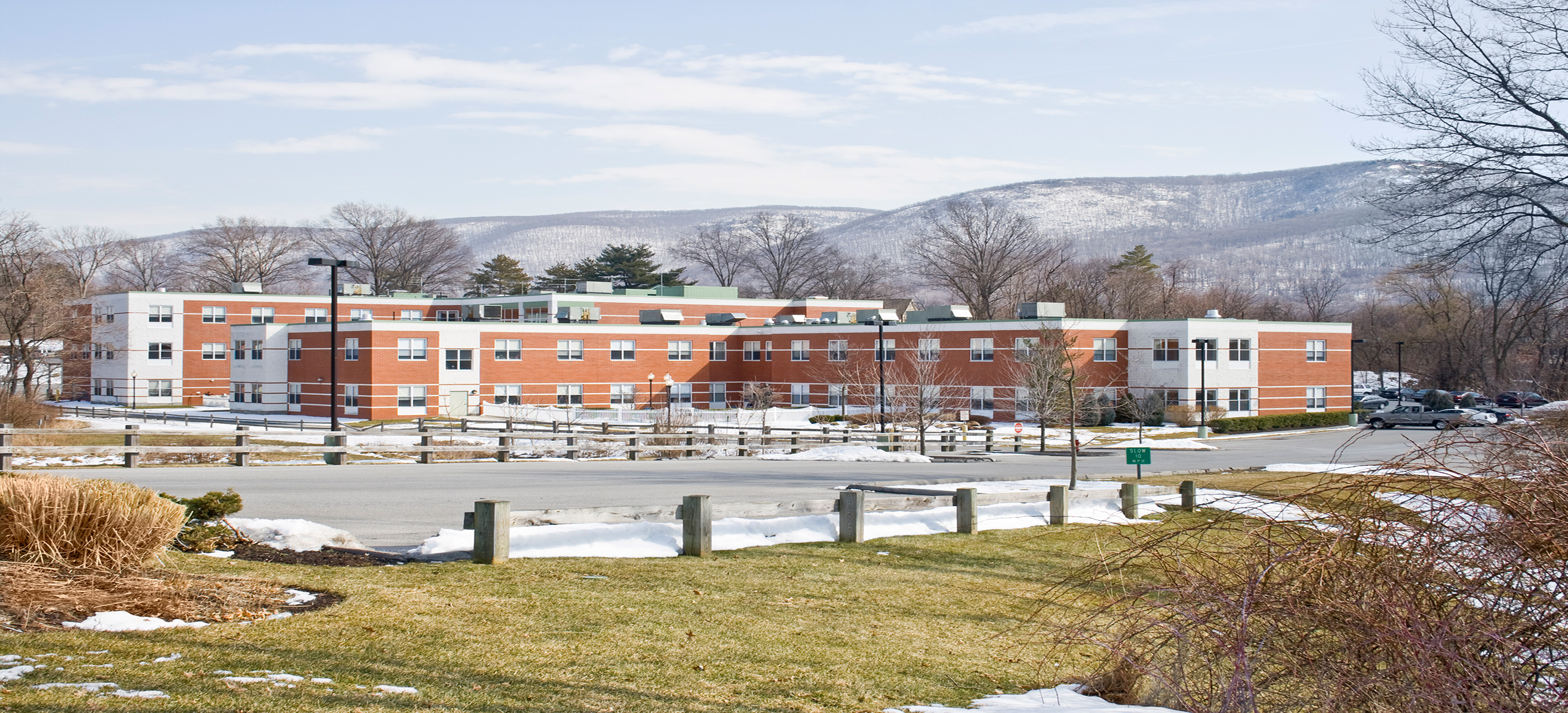 A wide angle photo of a medical center