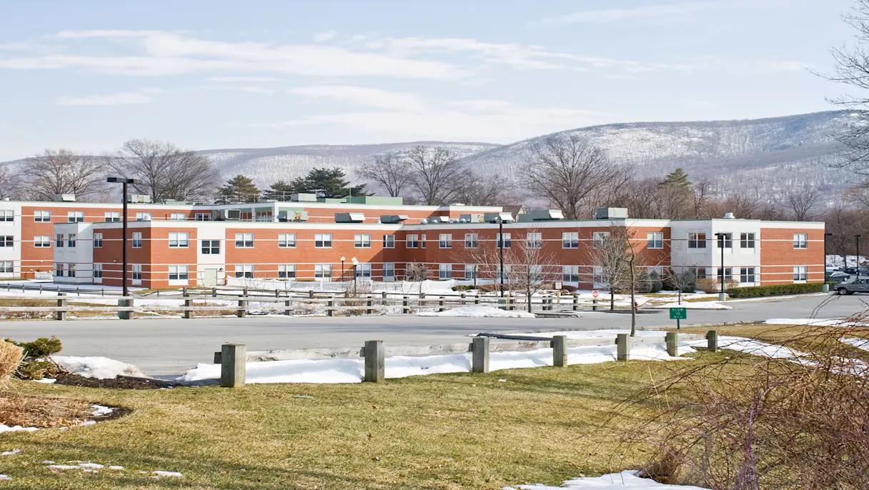 A wide angle photo of a medical center