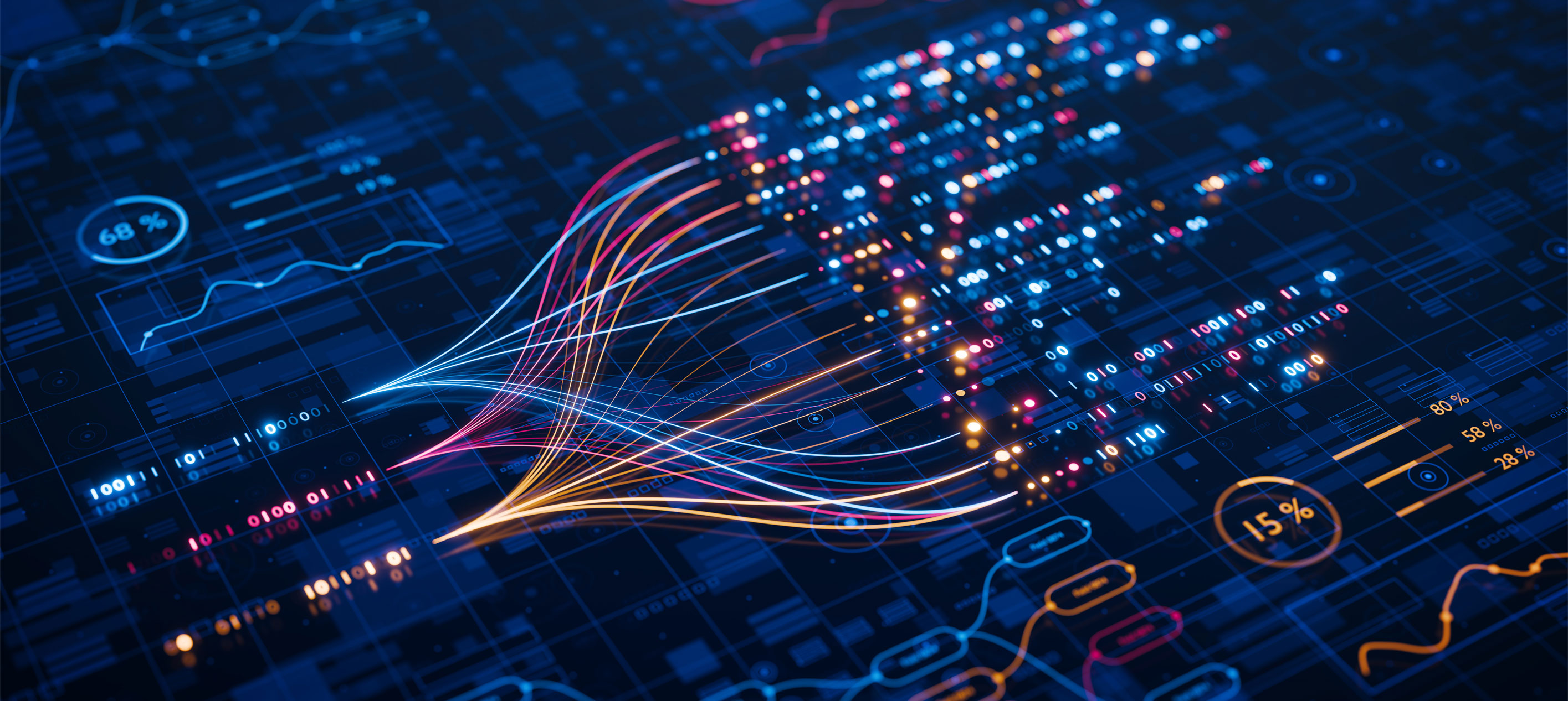 A digital illustration of binary code and connection lines