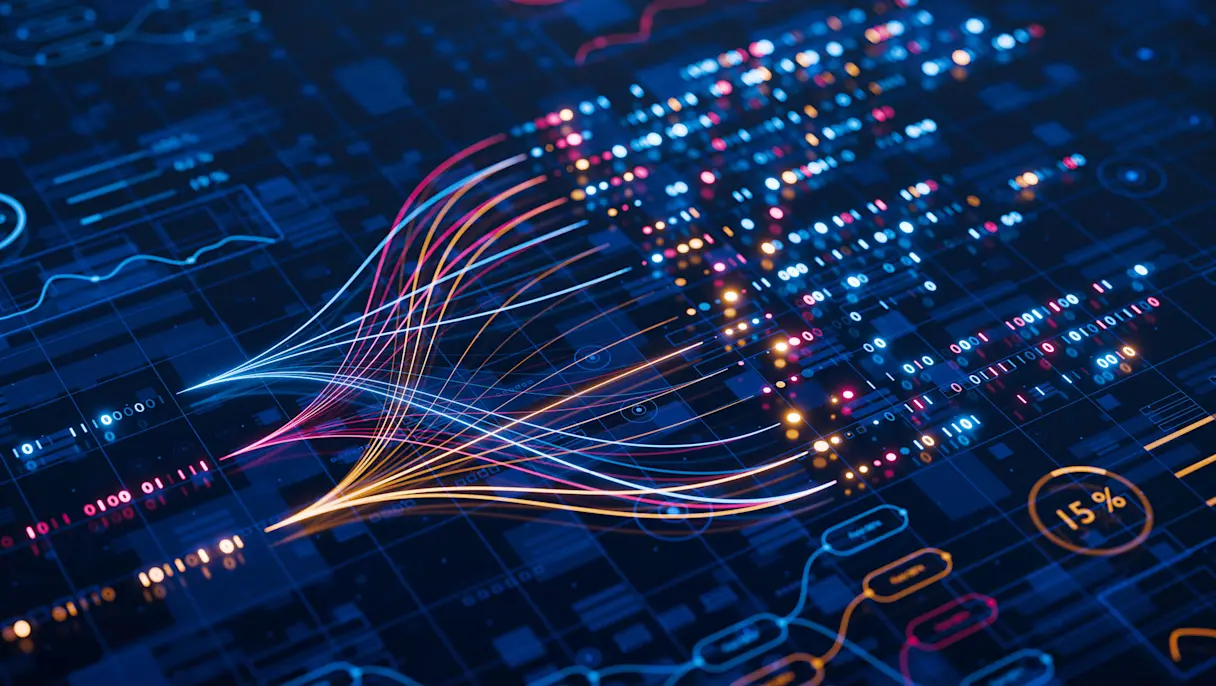 A digital illustration of binary code and connection lines