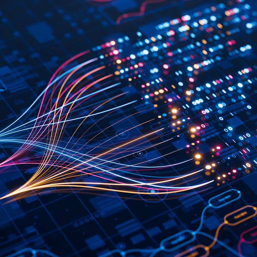 A digital illustration of binary code and connection lines