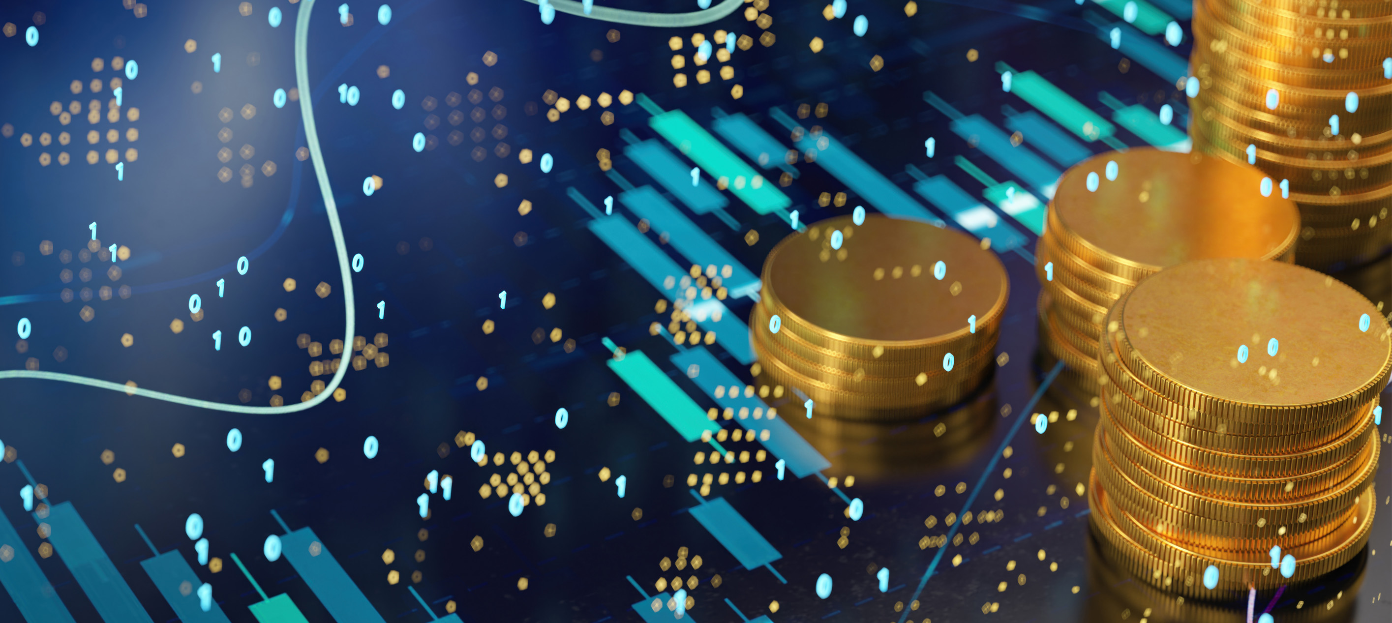 Stacks of gold coins over digital financial charts and binary data, representing fintech, digital finance and investment growth.
