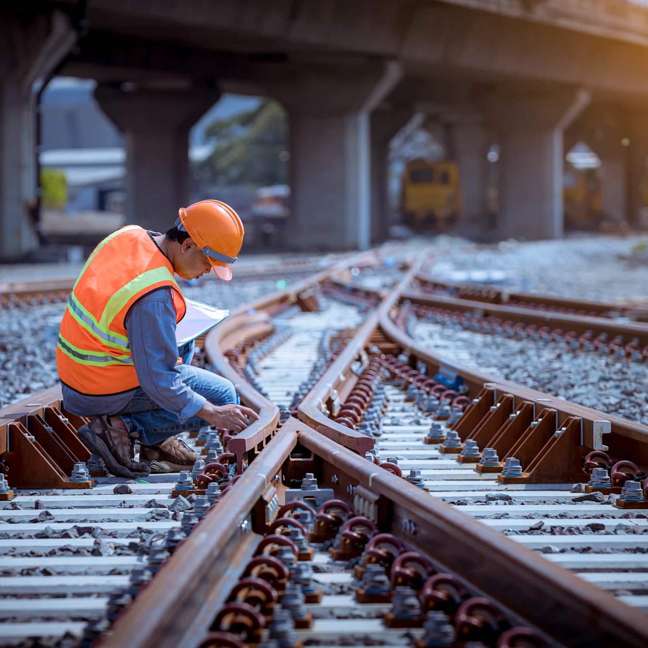 A rail worker wearing an orange safety vest and helmet inspects railroad tracks under a bridge during daylight.