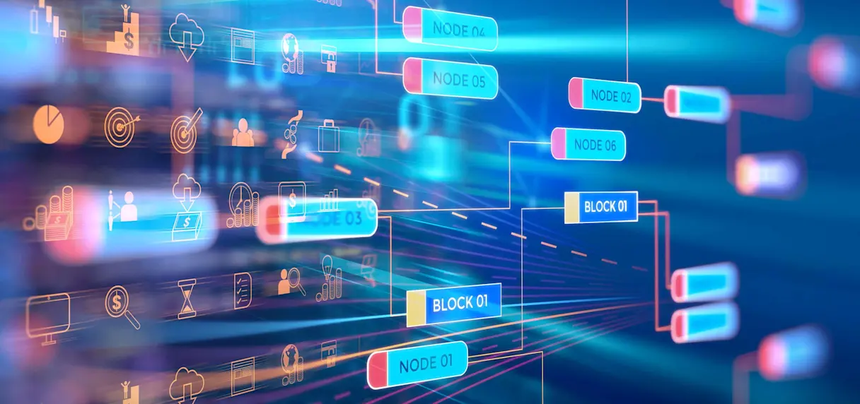 Abstract digital illustration of blockchain nodes and data blocks with cryptocurrency and financial icons on a glowing blue background.