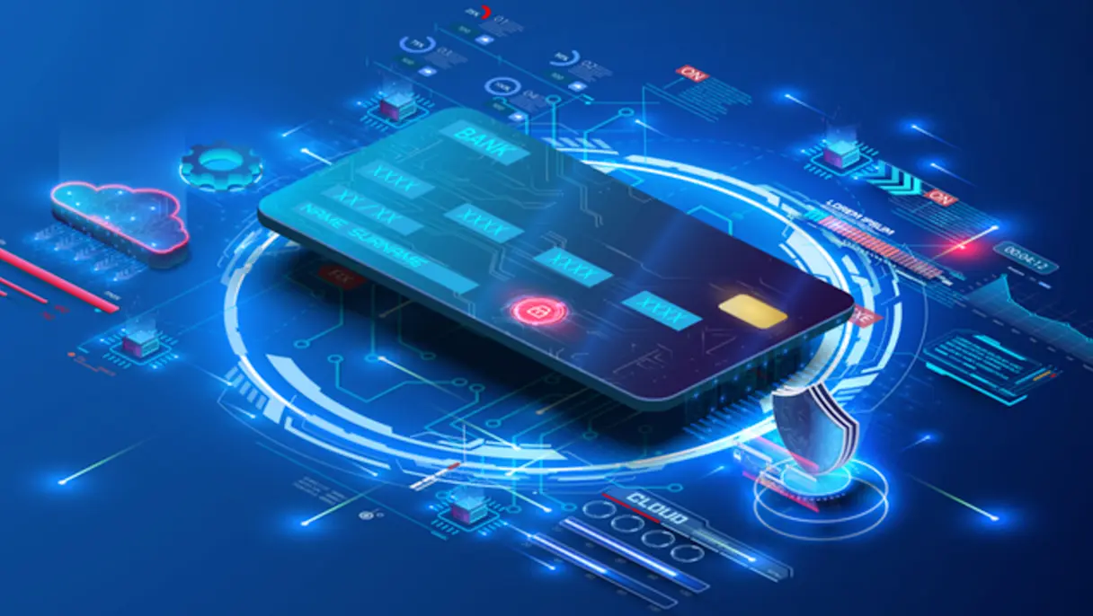 Digital illustration of a bank card with security icons, a padlock and cloud symbols on a blue tech background.