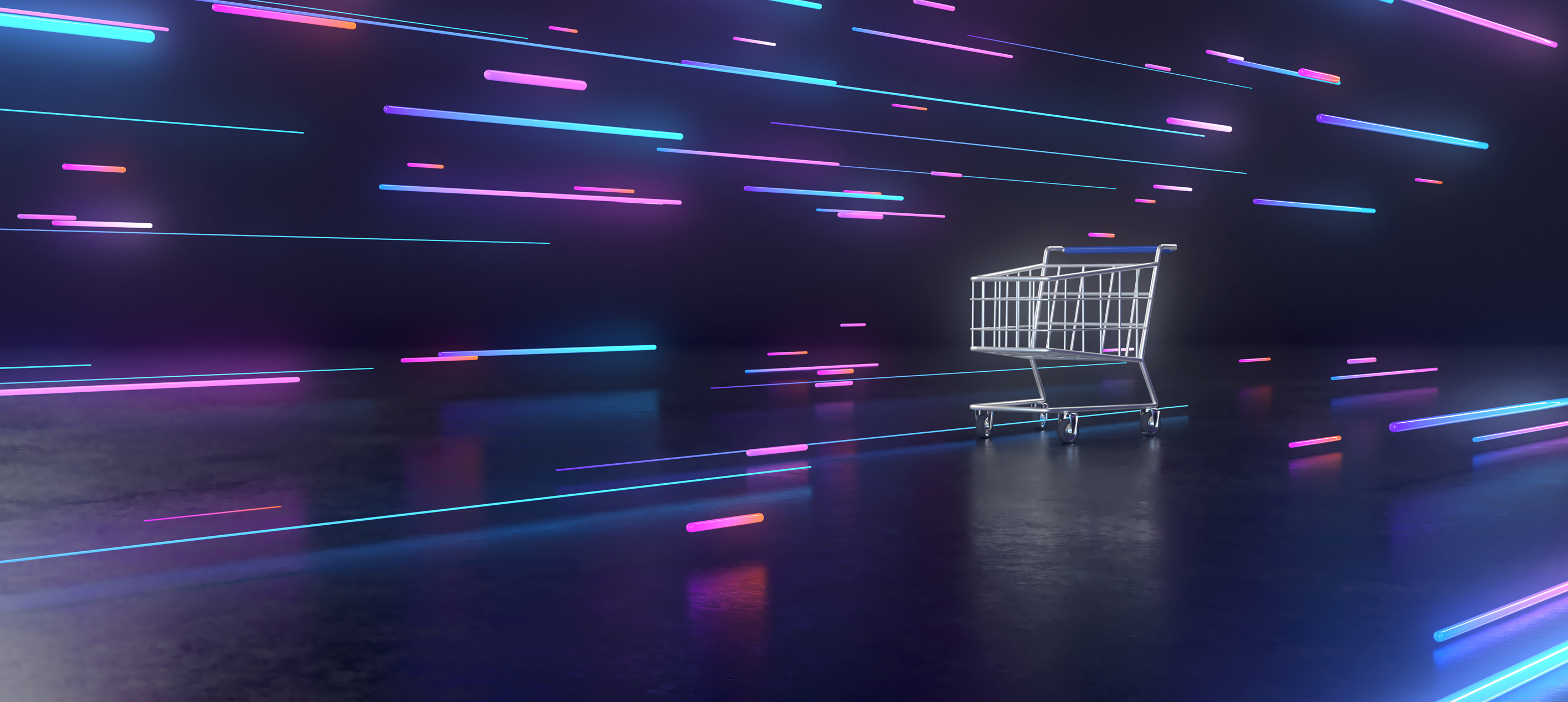 Shopping cart on neon-lit futuristic background