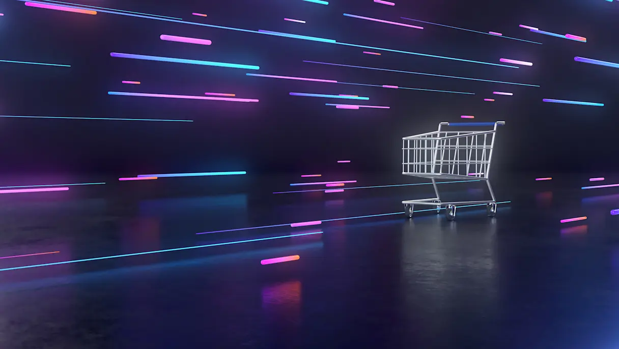 Shopping cart on neon-lit futuristic background