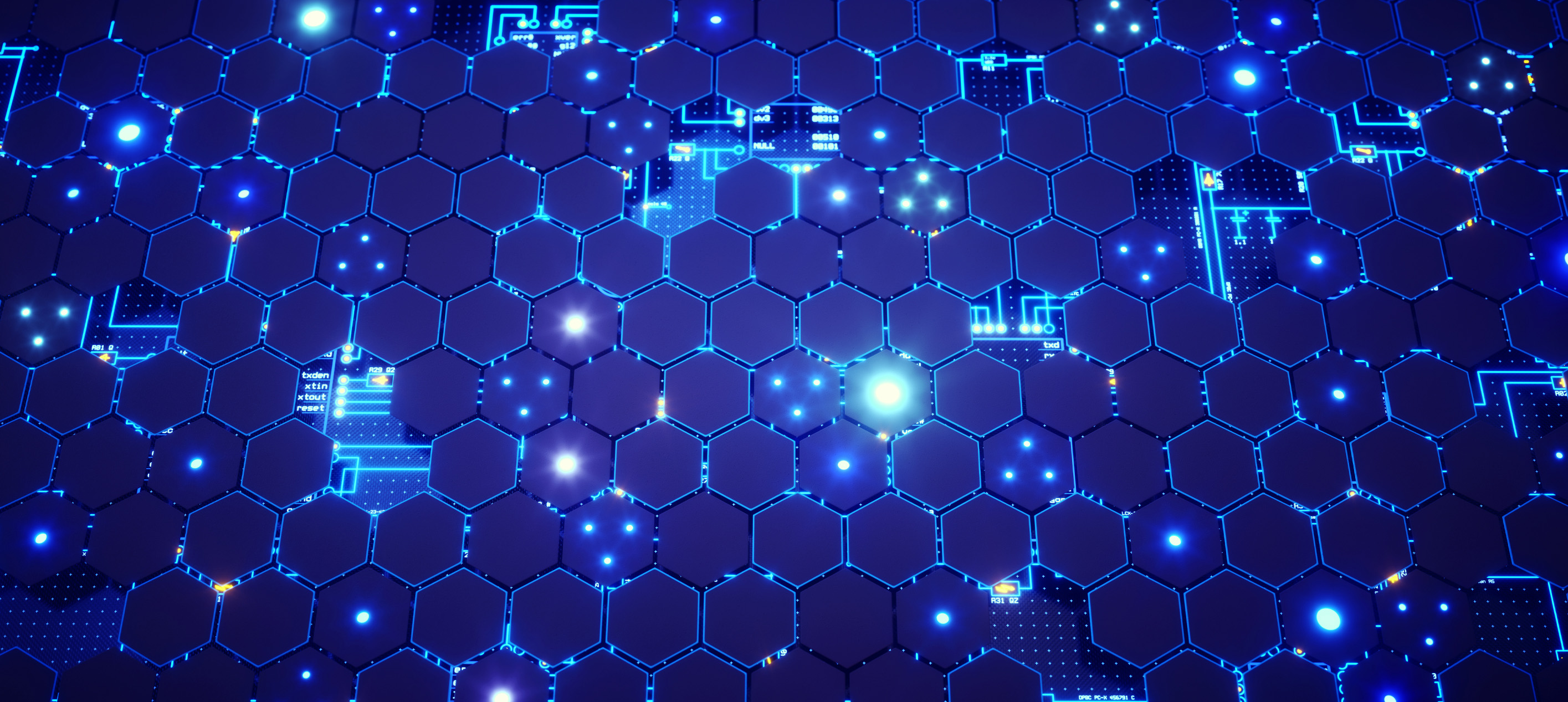 Abstract blue hexagonal network with glowing circuit patterns and illuminated digital nodes.