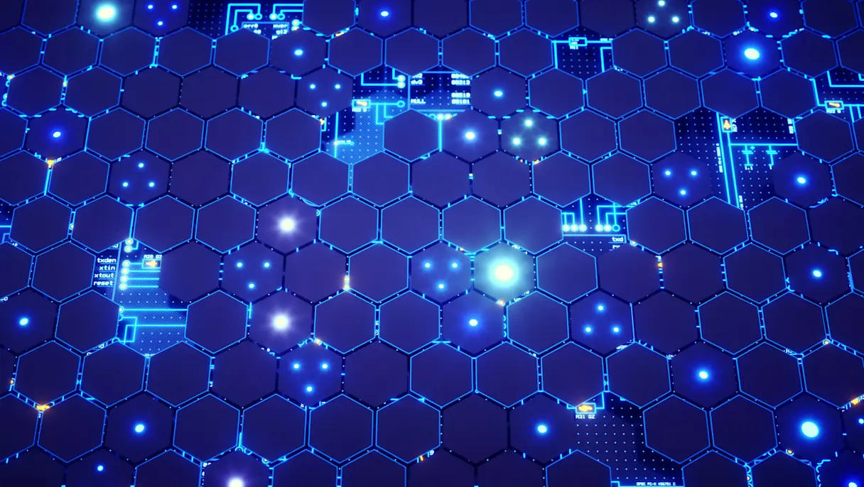 Abstract blue hexagonal network with glowing circuit patterns and illuminated digital nodes.
