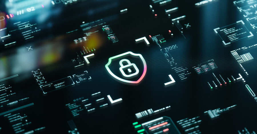 Screen of digital data with an icon of a security lock in the center