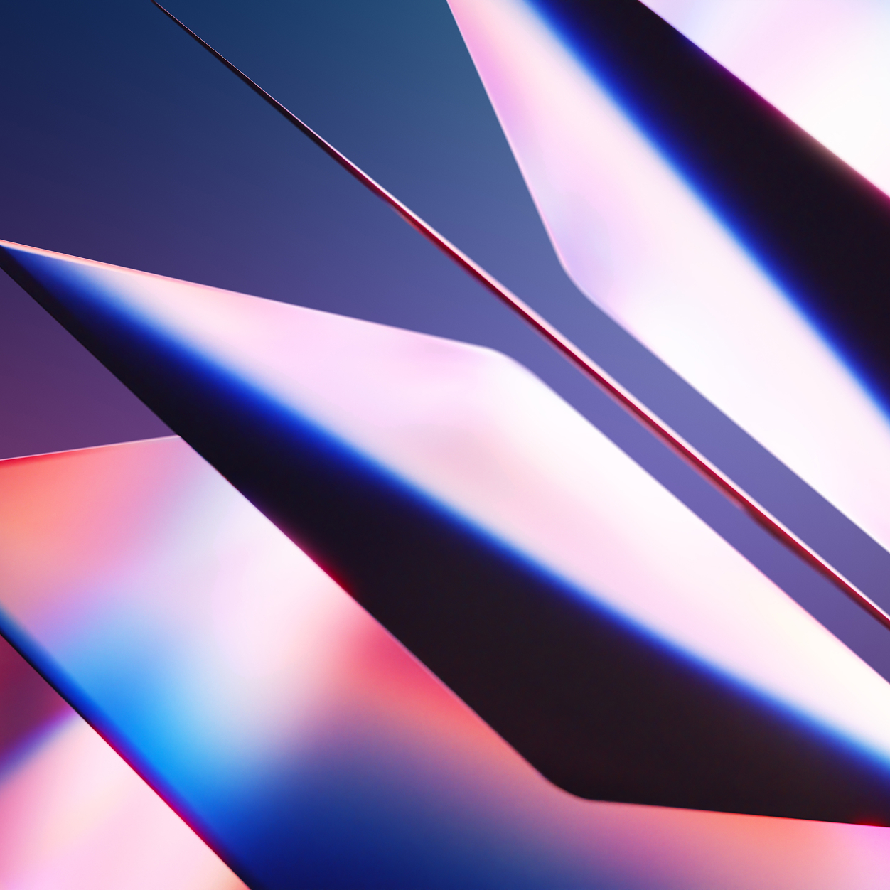 Close-up of sharp, metallic abstract shapes with smooth gradients of blue, pink, and purple lighting on a dark background.