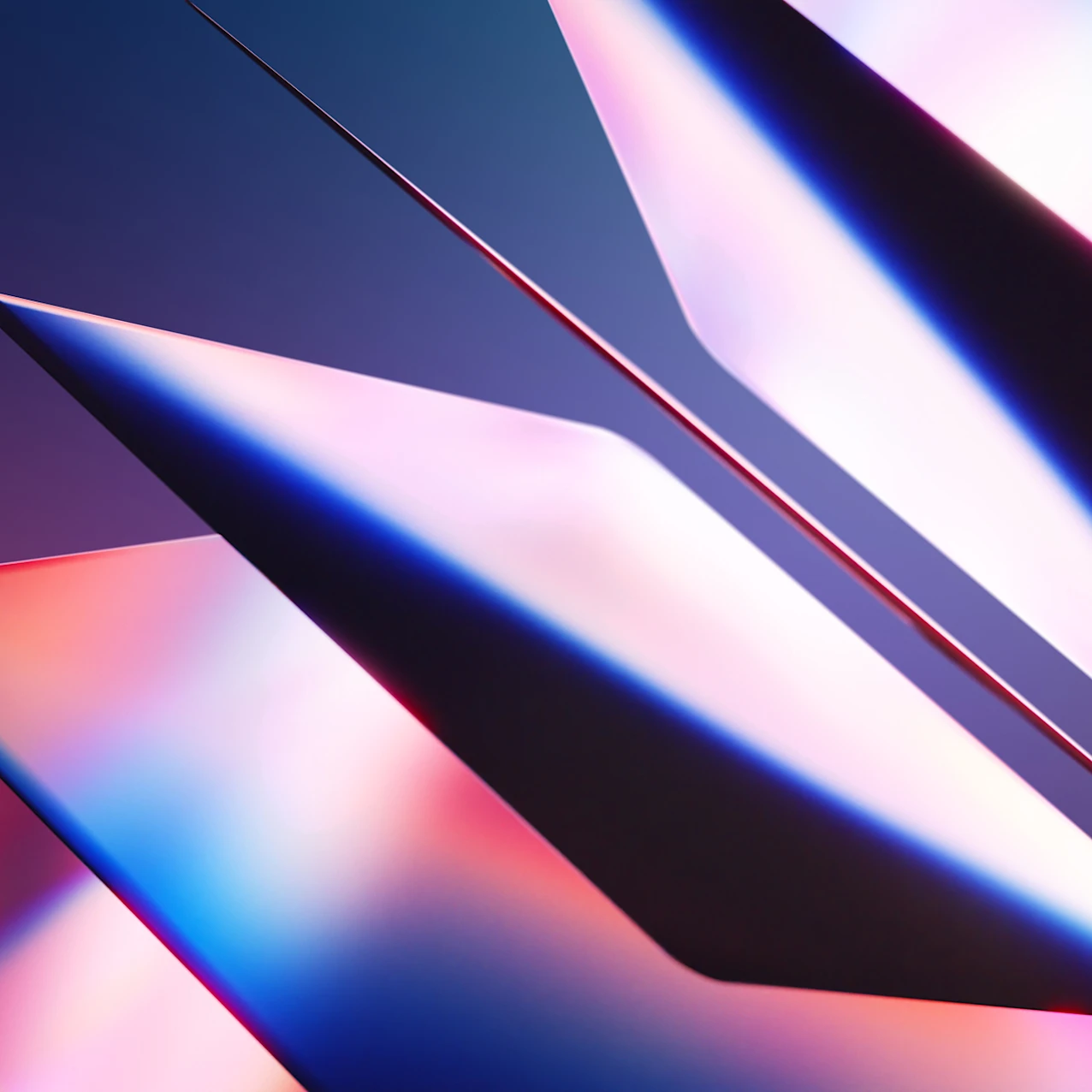 Close-up of sharp, metallic abstract shapes with smooth gradients of blue, pink, and purple lighting on a dark background.