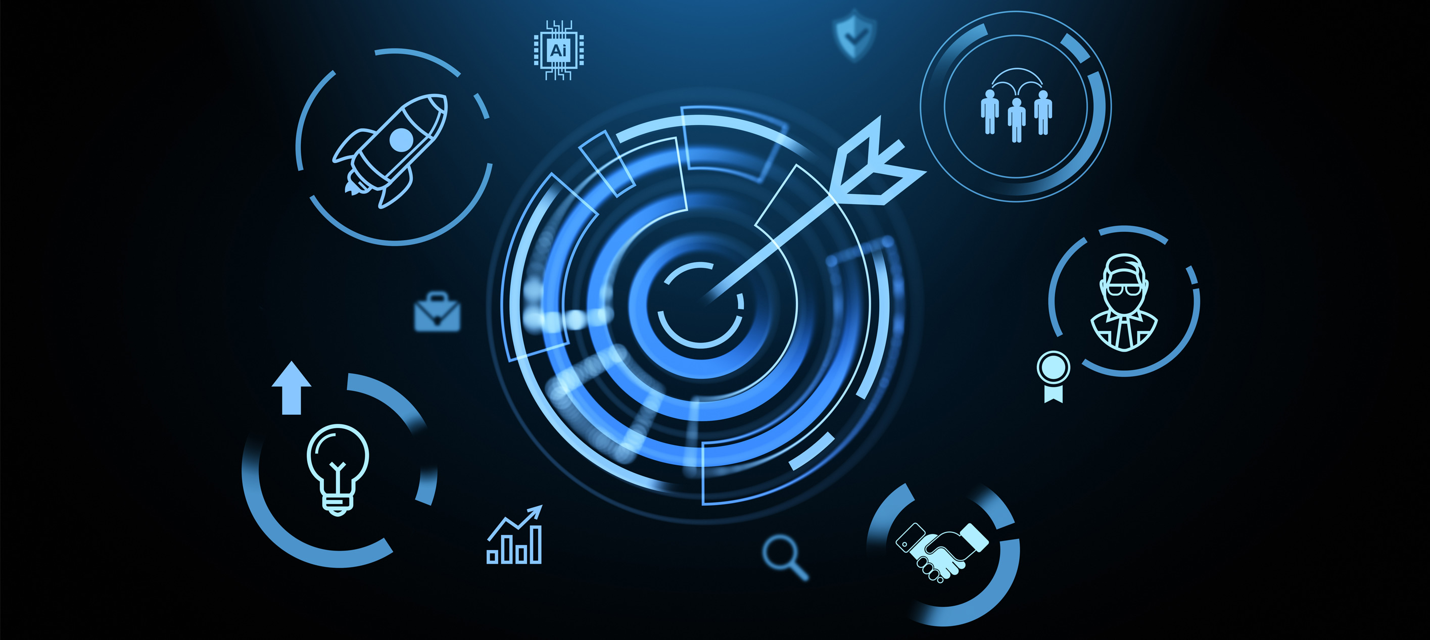 Digital illustration showing AI-driven business strategy icons, including a target, rocket, handshake, and innovation symbols.