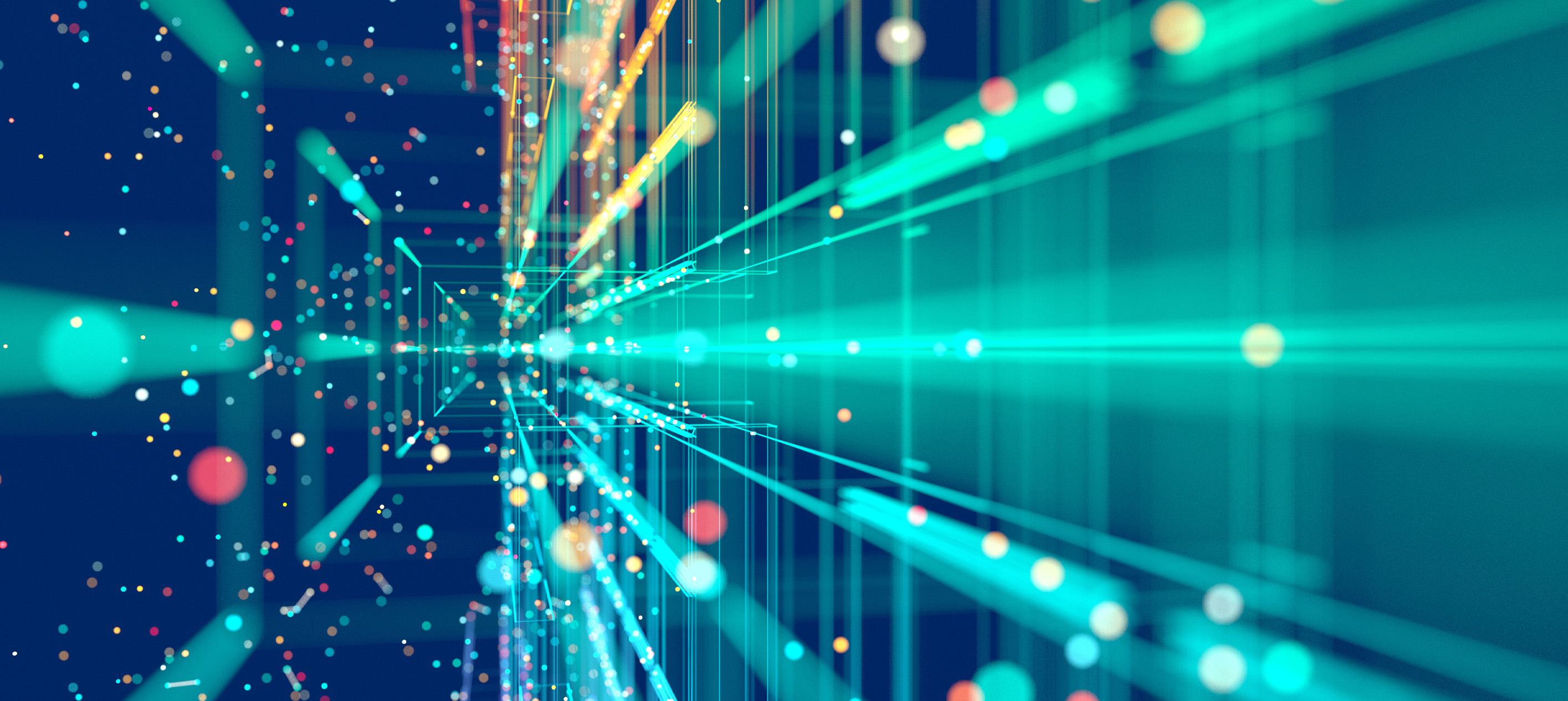 Abstract digital network with glowing data points and interconnected lines, representing technology, data and business transformation.