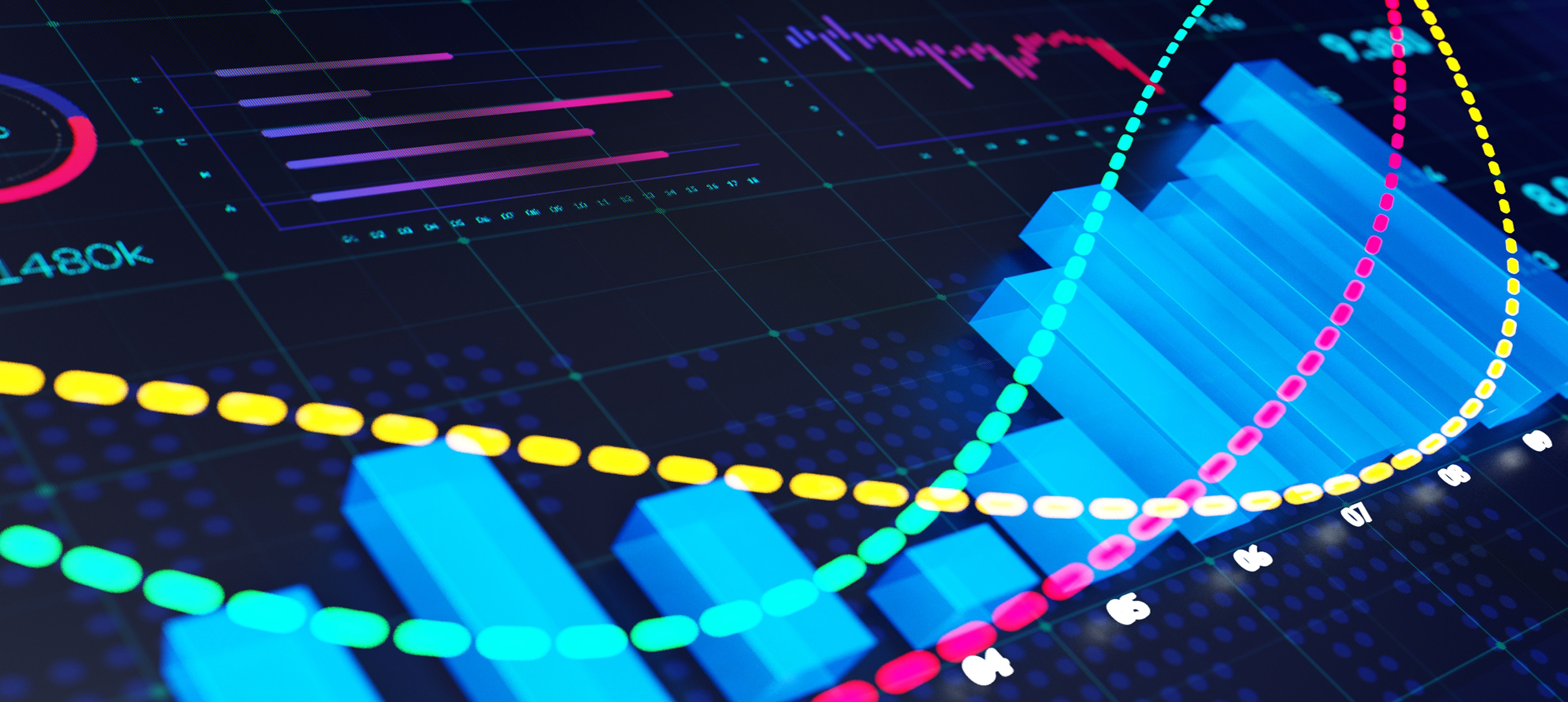 3D digital financial dashboard with bar charts and trend lines representing market data