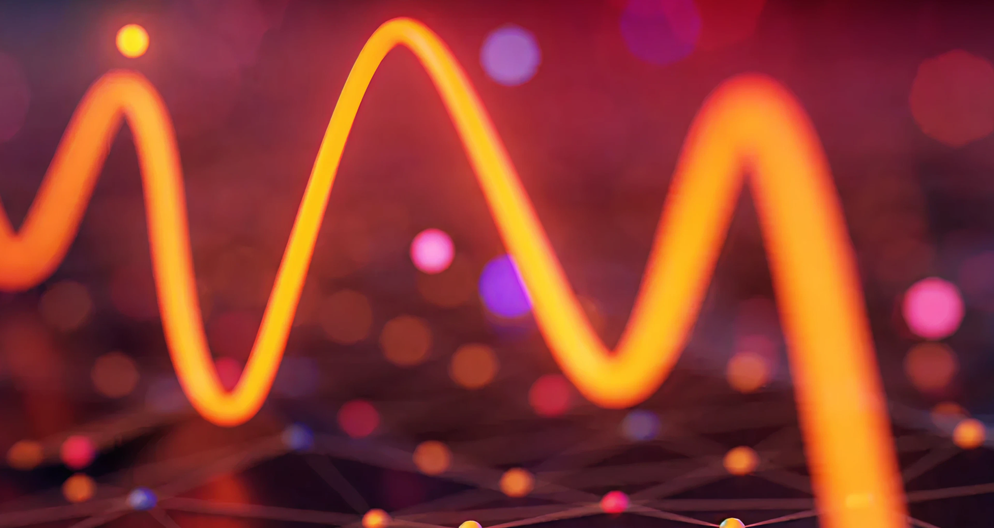 Glowing orange wavy line over a dark background with scattered small colorful dots and faint network connections.
