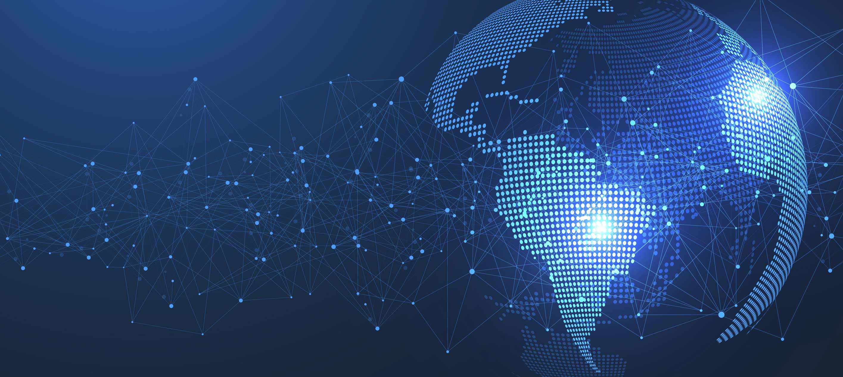 Digital illustration of a glowing blue globe made of dots, connected by a network of lines and nodes.