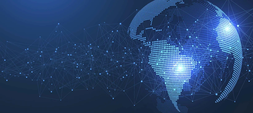 Digital illustration of a glowing blue globe made of dots, connected by a network of lines and nodes.