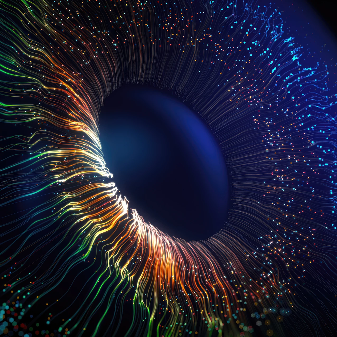 Close-up of a dark circular center surrounded by wavy, multicolored light strands and scattered glowing dots on a black background.