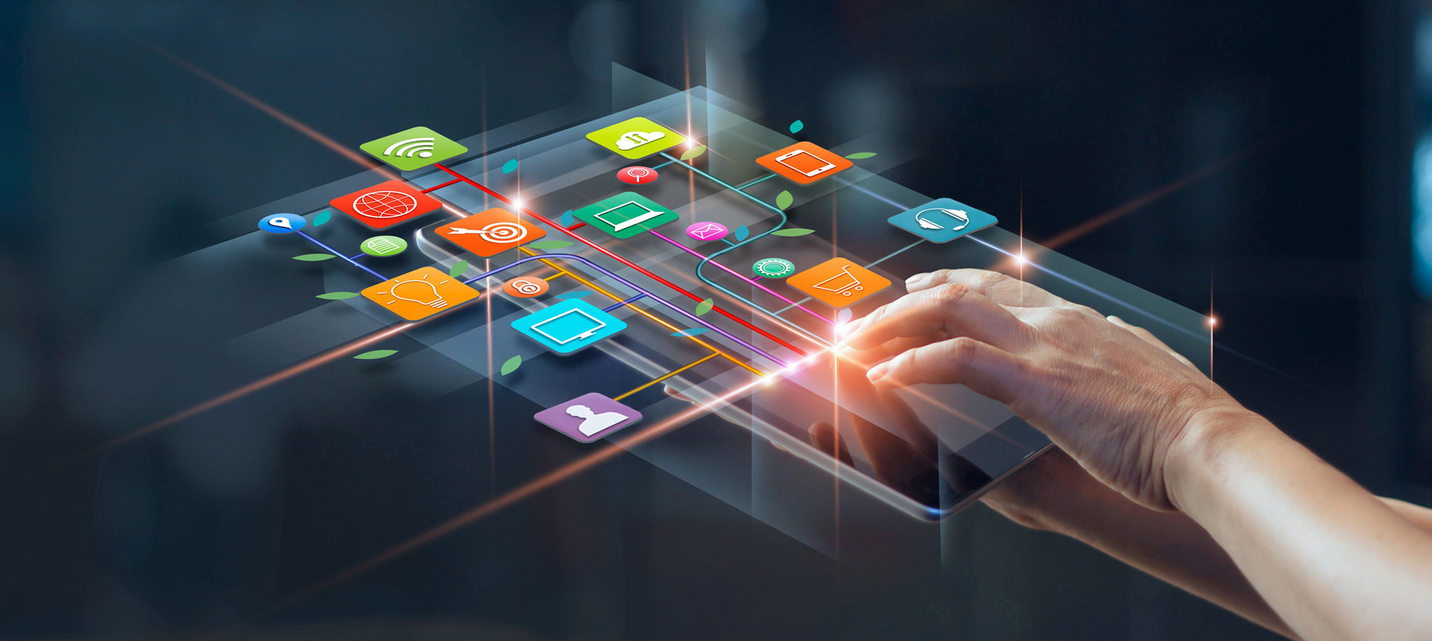 A hand touches a tablet with floating colourful app icons above it, joined by thin red, purple, yellow and green lines.