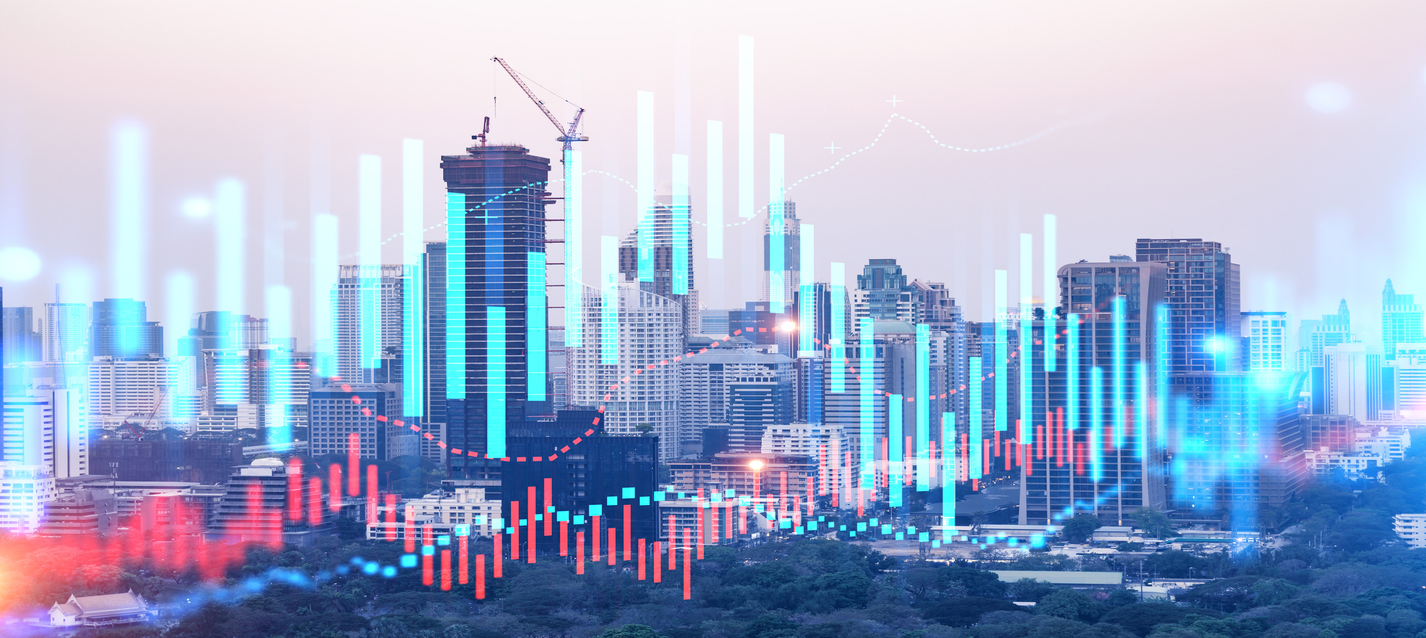 City skyline with financial growth chart