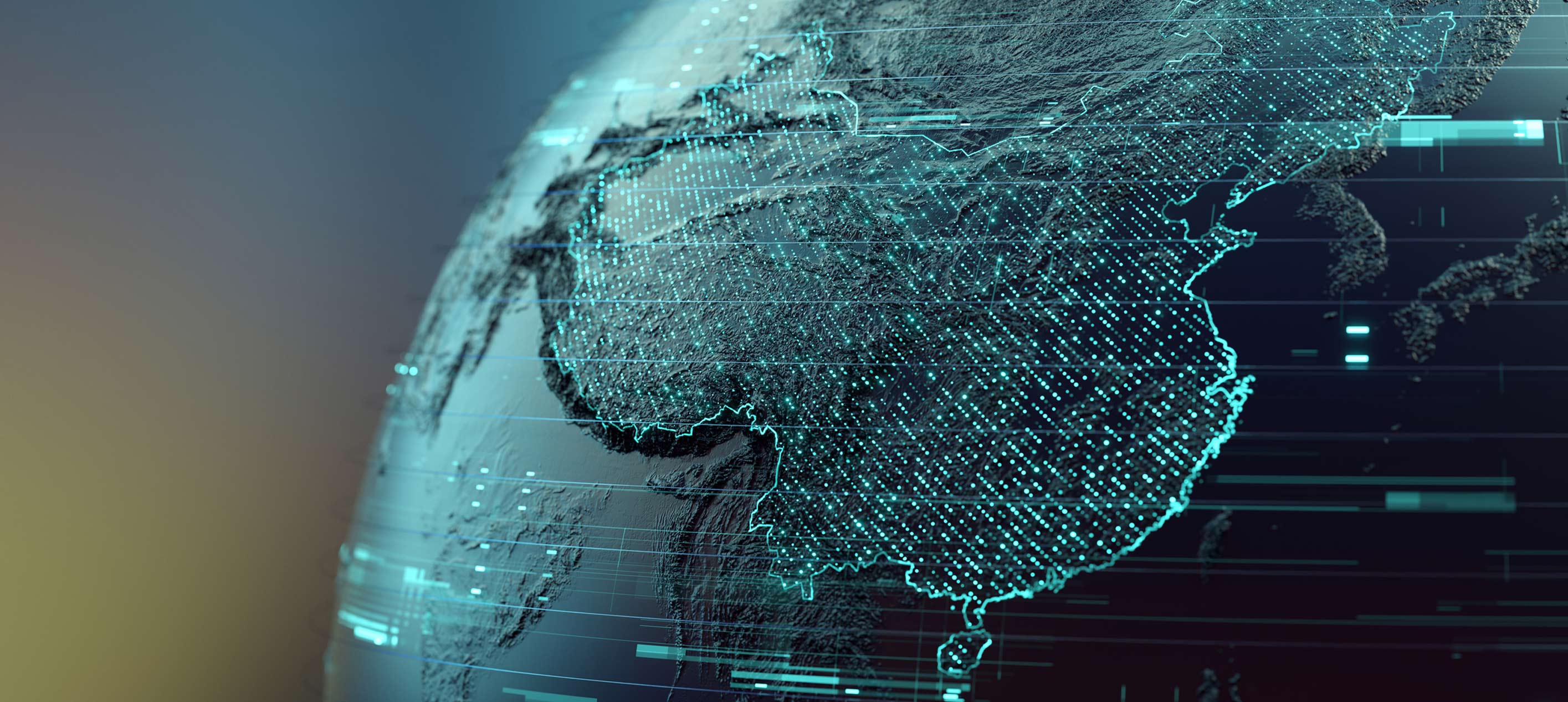 Close-up of a dark digital globe with glowing teal border lines, dots and data lines overlaid across China's landmass.
