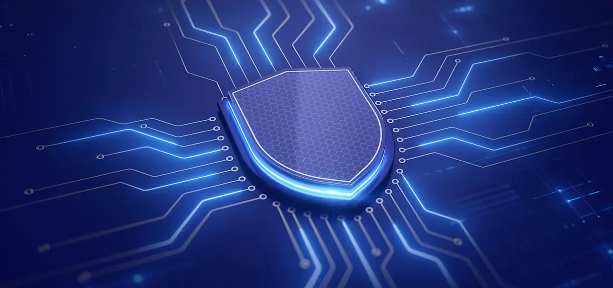 Digital illustration of a shield with digital pathways leading to it