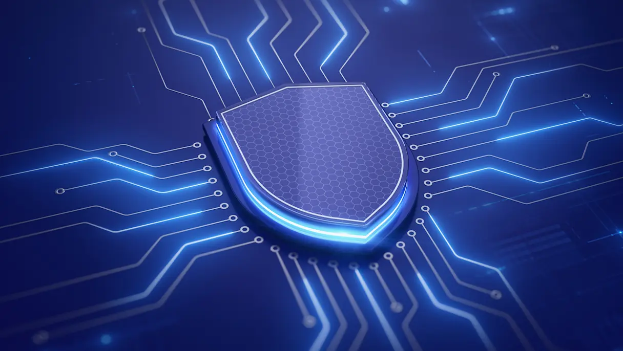 Digital illustration of a shield with digital pathways leading to it