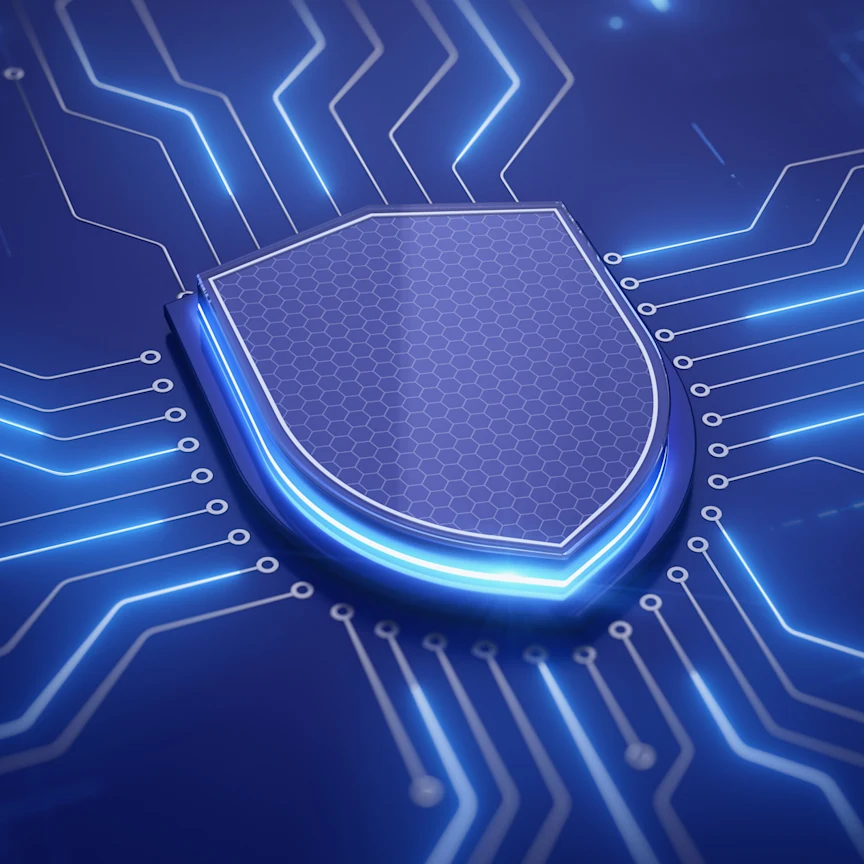 Digital illustration of a shield with digital pathways leading to it
