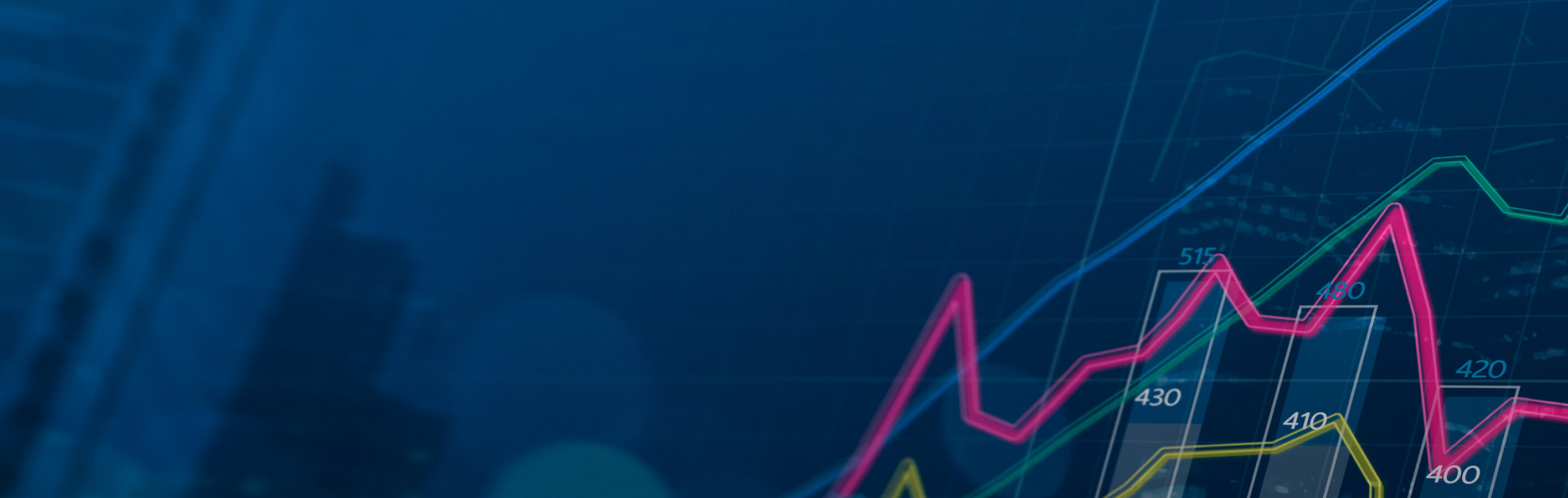 Close-up of a digital financial graph with colored lines, numbers, and grid overlays on a dark blue blurred cityscape background.