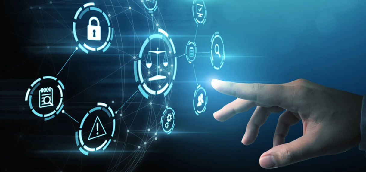 Hand Touching Networking Data Stock