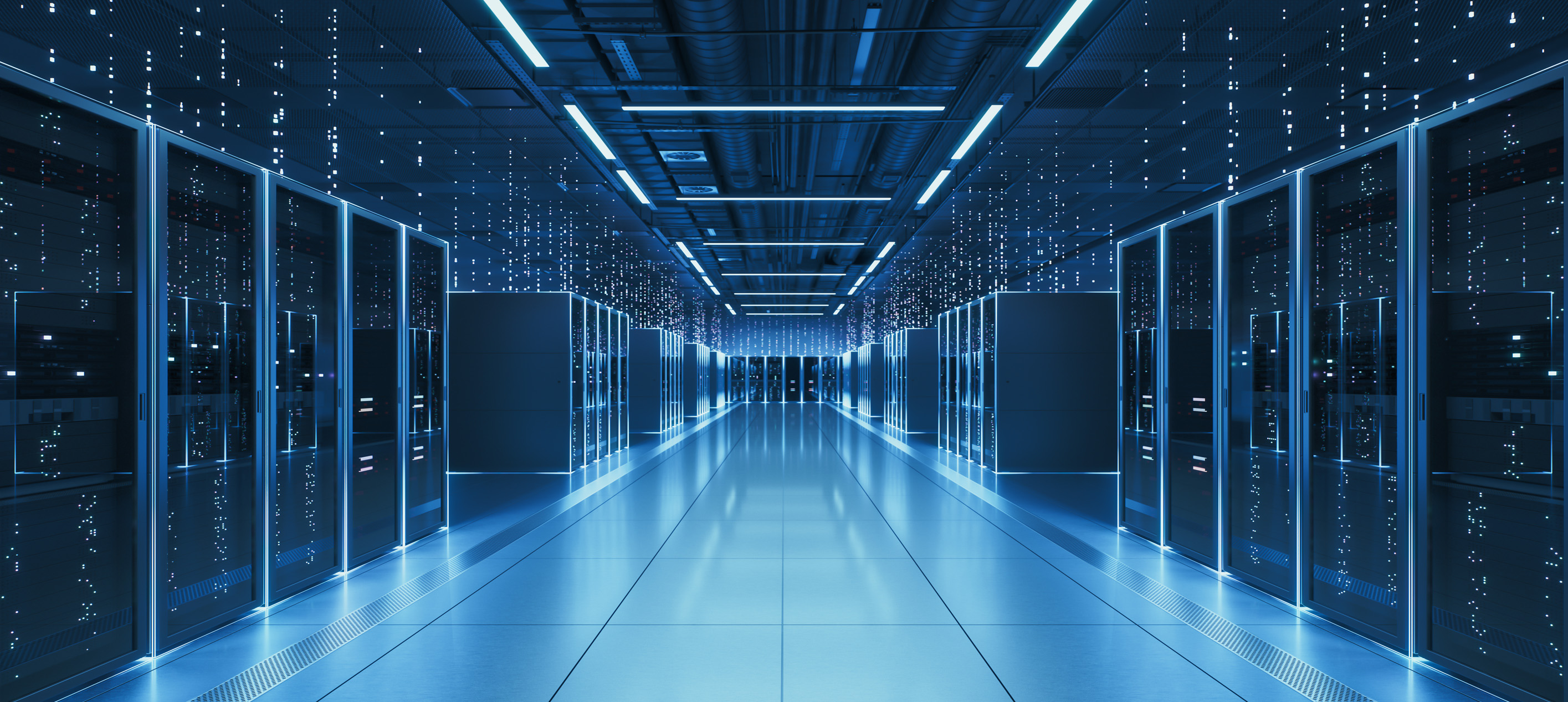 Modern data center with rows of illuminated server racks