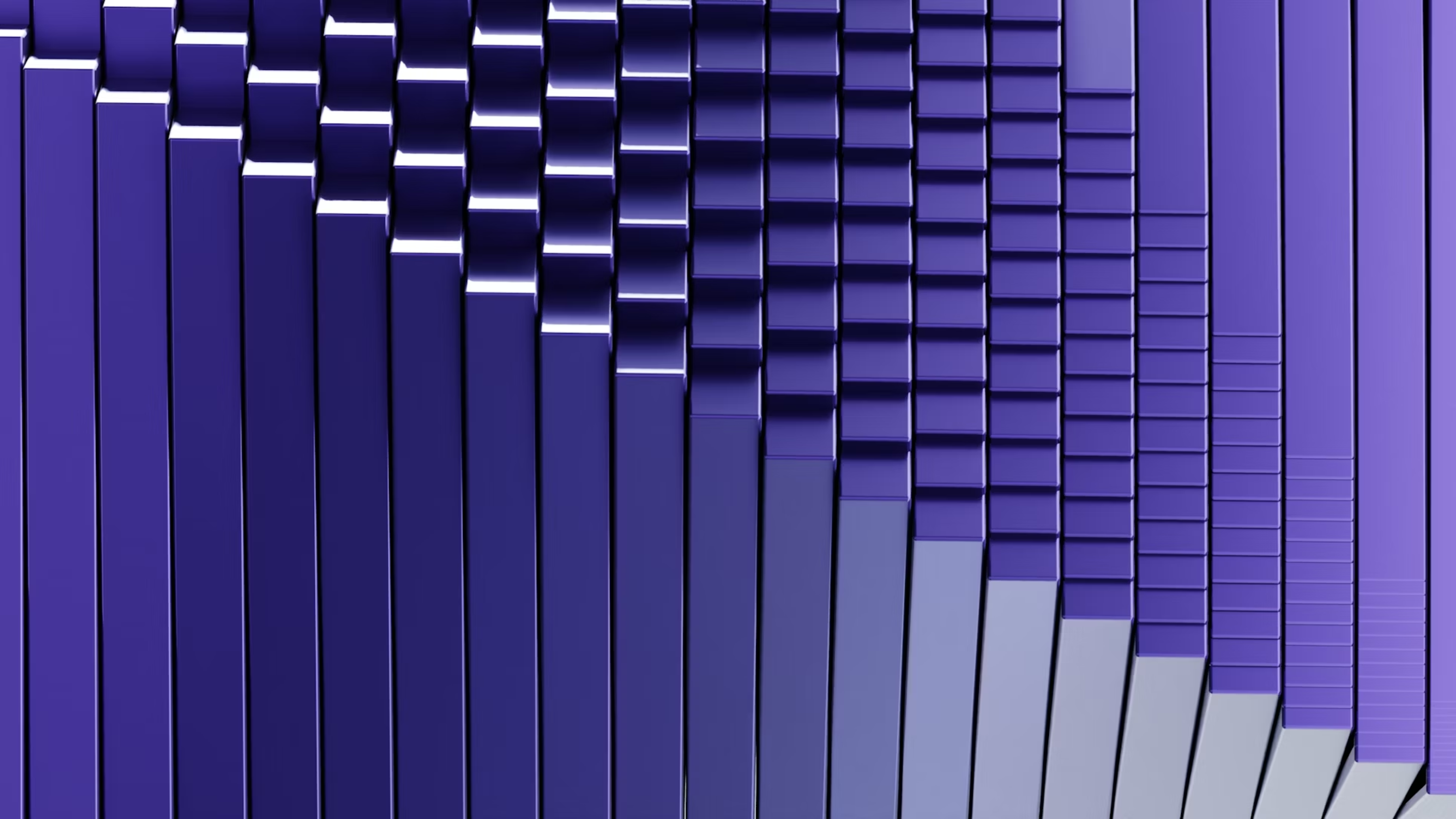 Close-up of vertical purple rectangular blocks arranged in a staggered descending pattern with shadows and reflections creating depth.