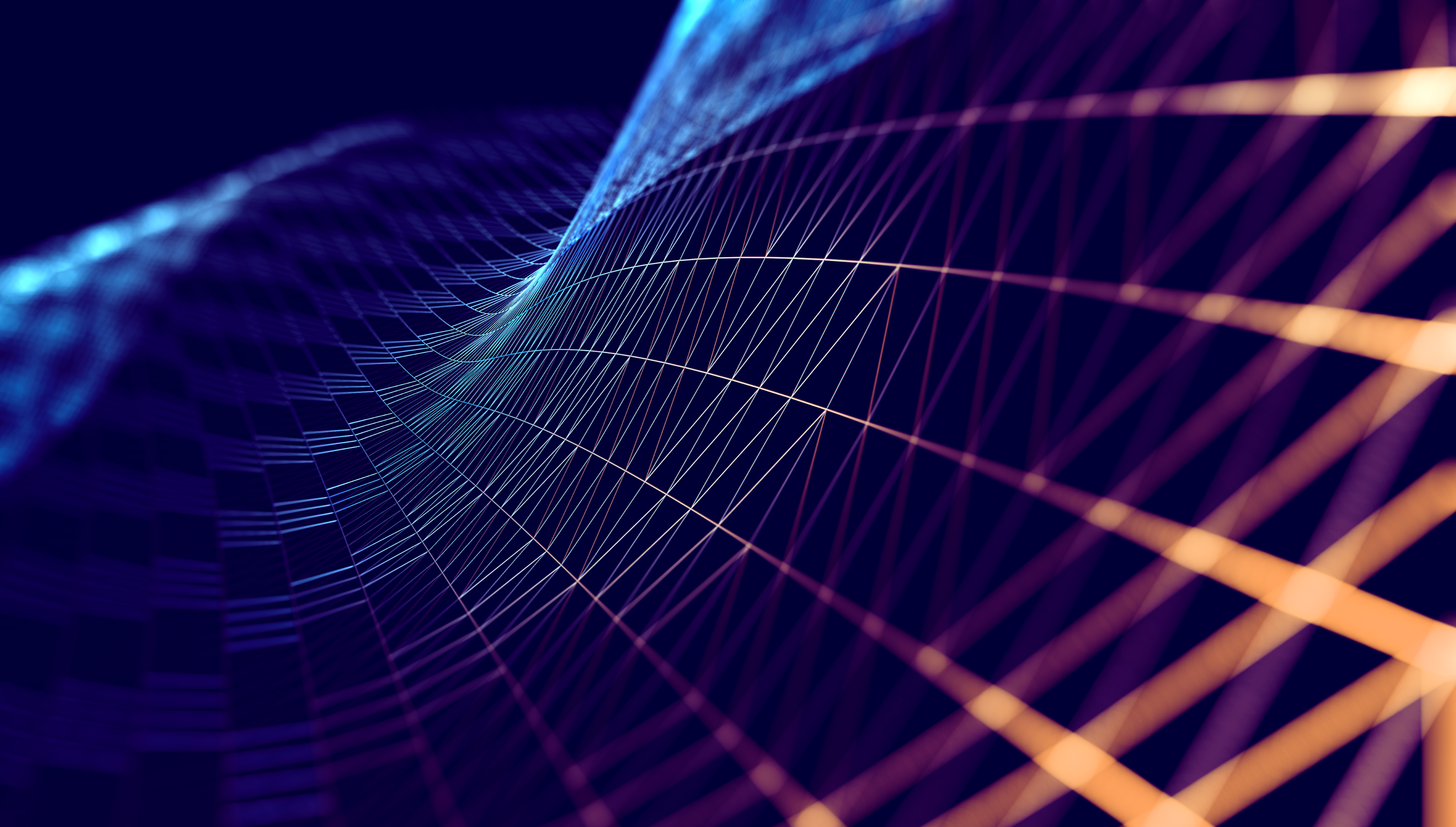 Abstract 3D grid structure with blue and orange glowing lines forming a wave-like pattern on a dark background.