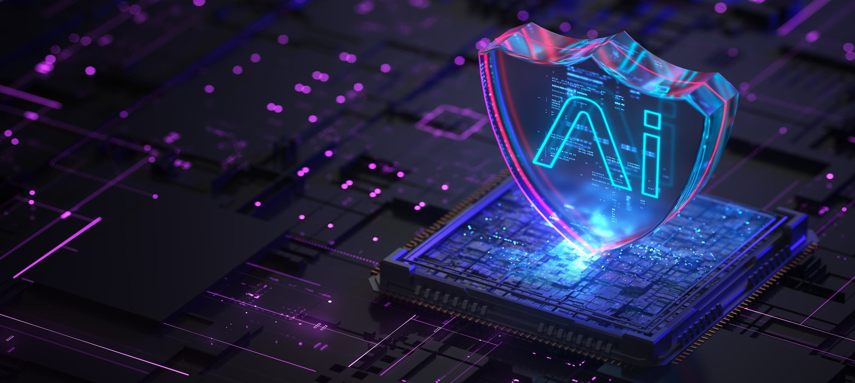 AI security shield protecting a microchip on a circuit board
