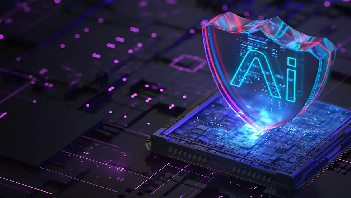 AI security shield protecting a microchip on a circuit board