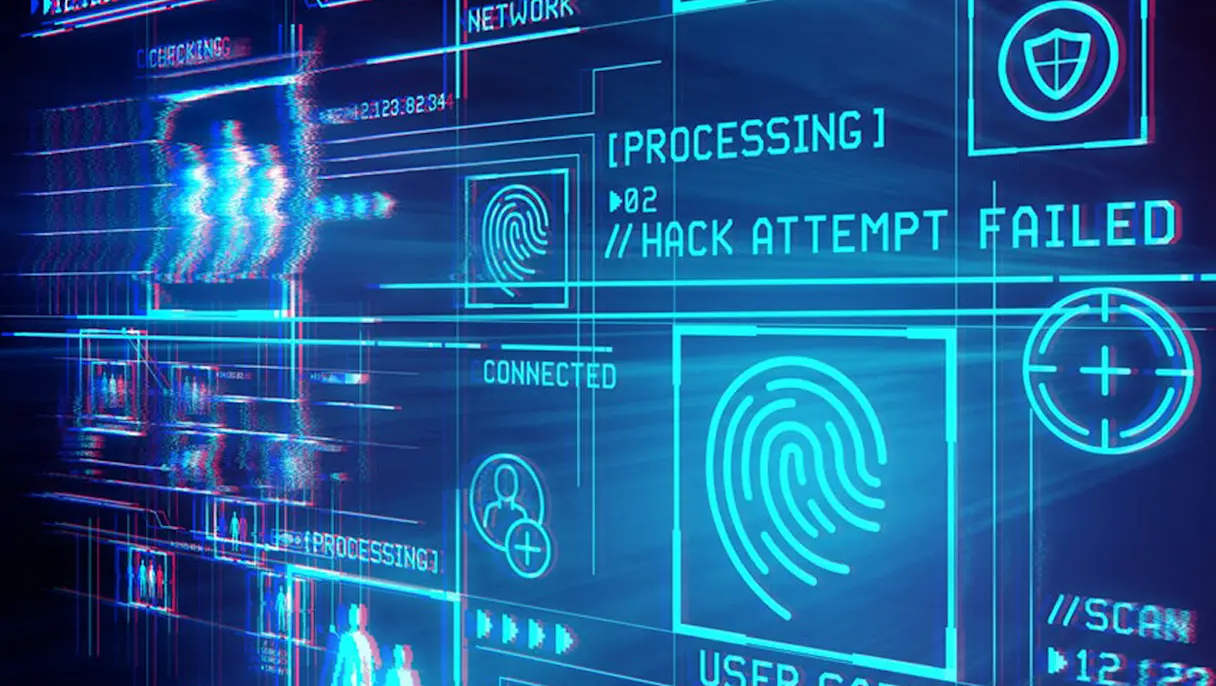 Digital cybersecurity interface displaying fingerprint scans, network security icons and a failed hacking attempt warning.