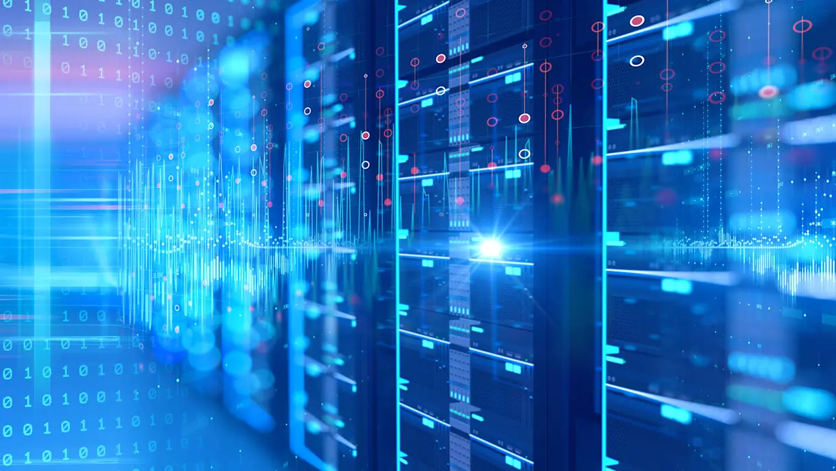 Server racks in a data centre with digital analytics, binary code and data visualizations representing AI and cloud computing.