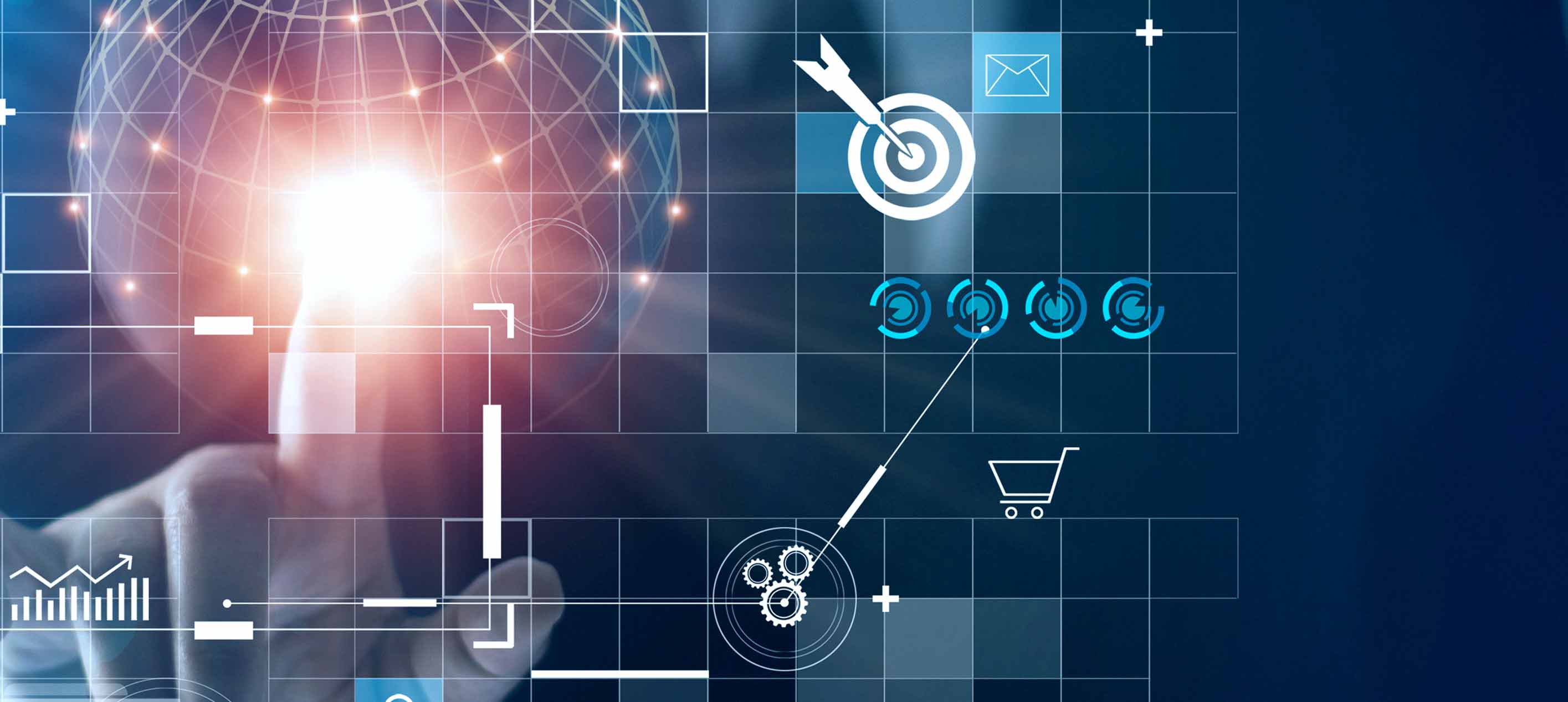 Businessman analyzing global network and sales strategy data