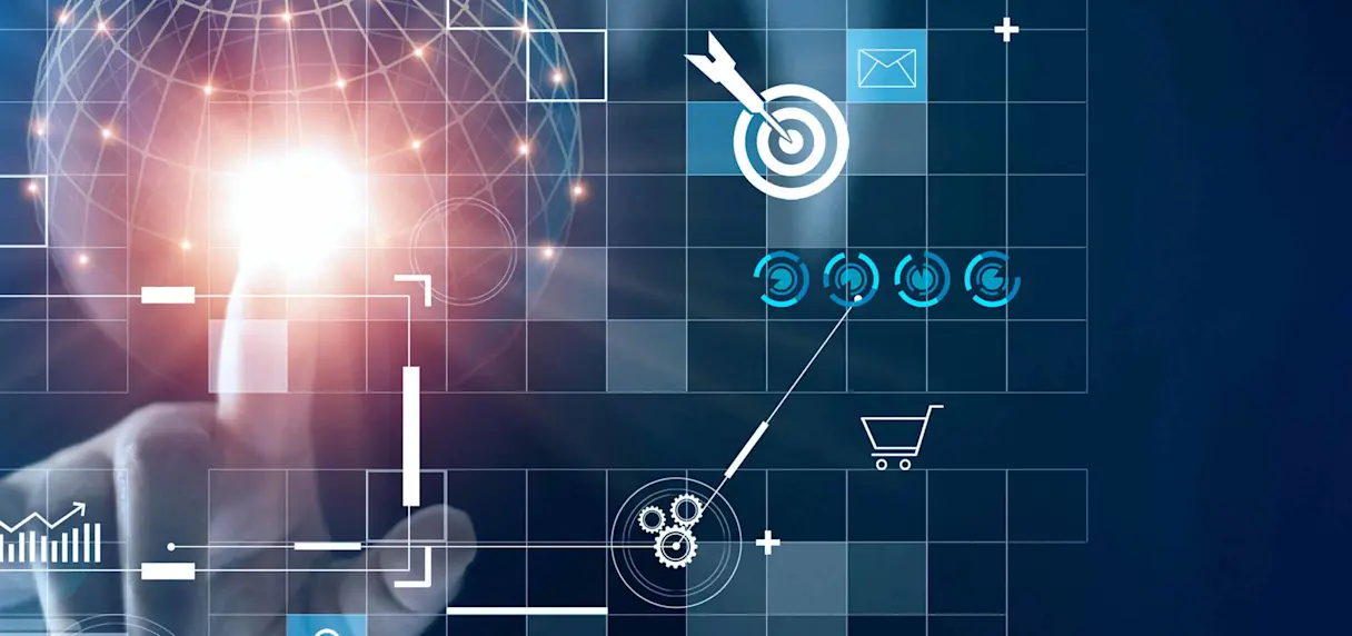 Businessman analyzing global network and sales strategy data