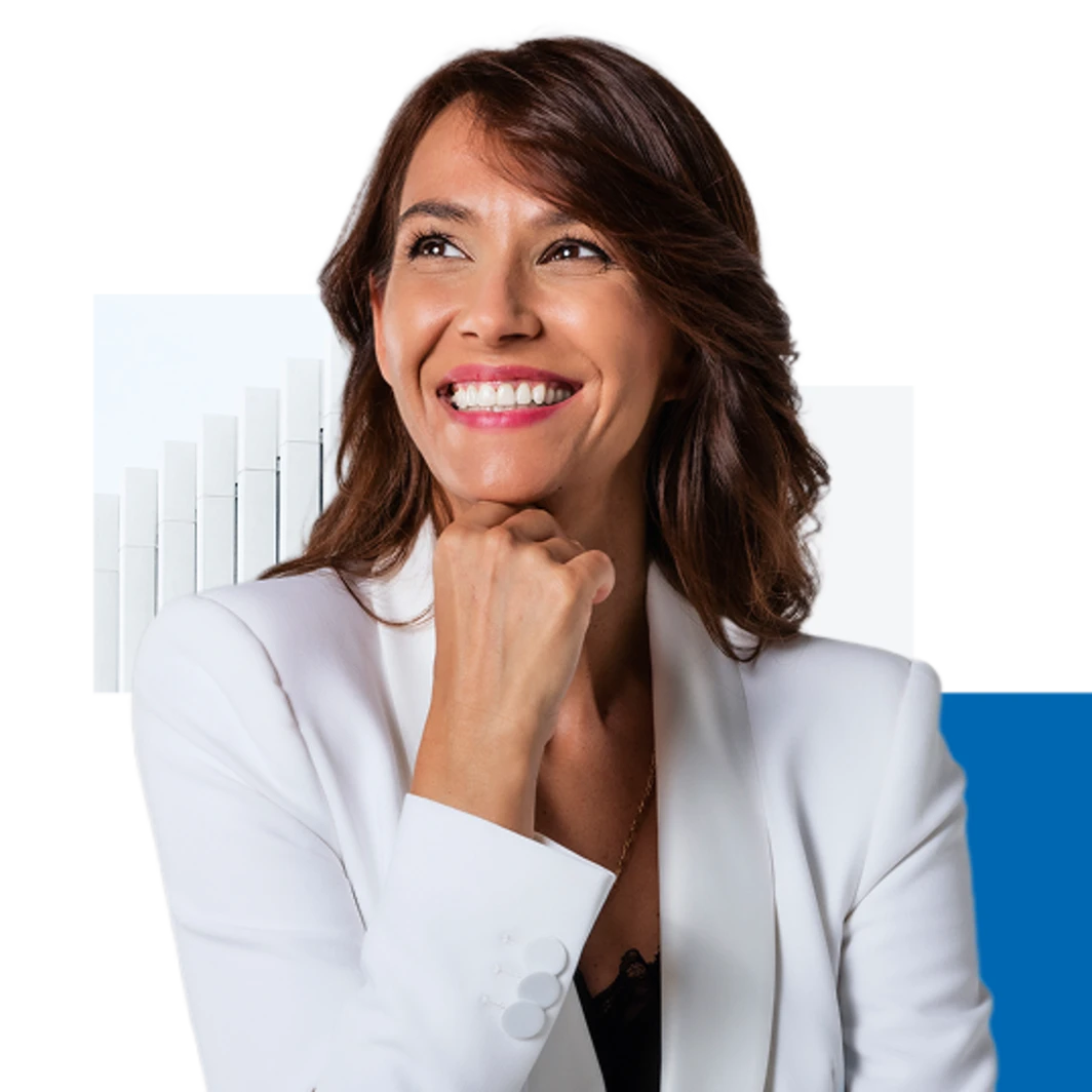 Woman with brown hair wearing a white blazer, resting her chin on her hand against a black background with geometric shapes.