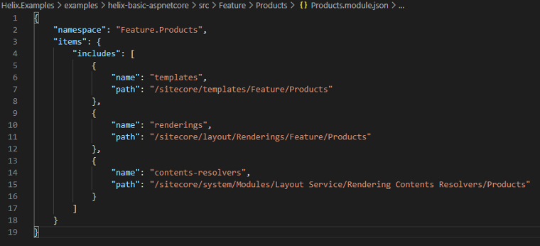 the products.module.json file from the helix-basic-aspnetcore example project