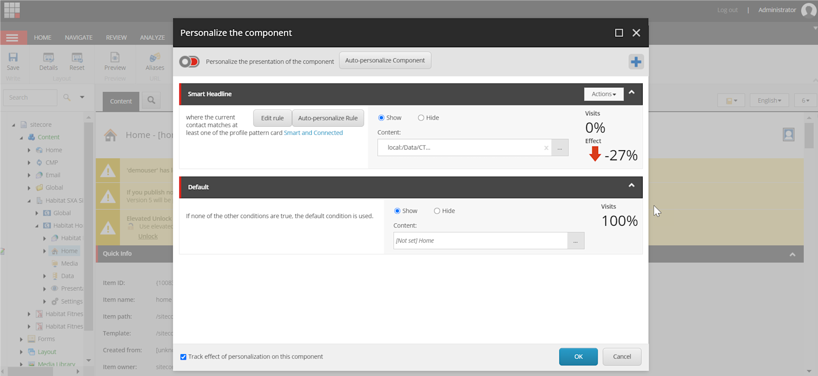 Sitecore AI Auto Personalization Button Experience Editor